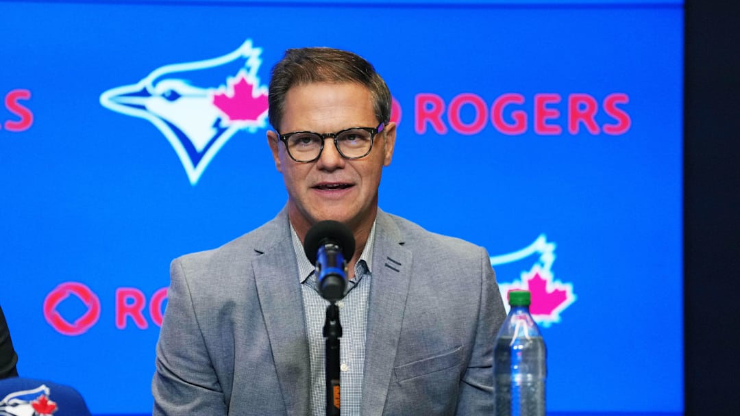 Toronto Blue Jays general manager Ross Atkins speaks to the media during the press conference room at Rogers Centre. 