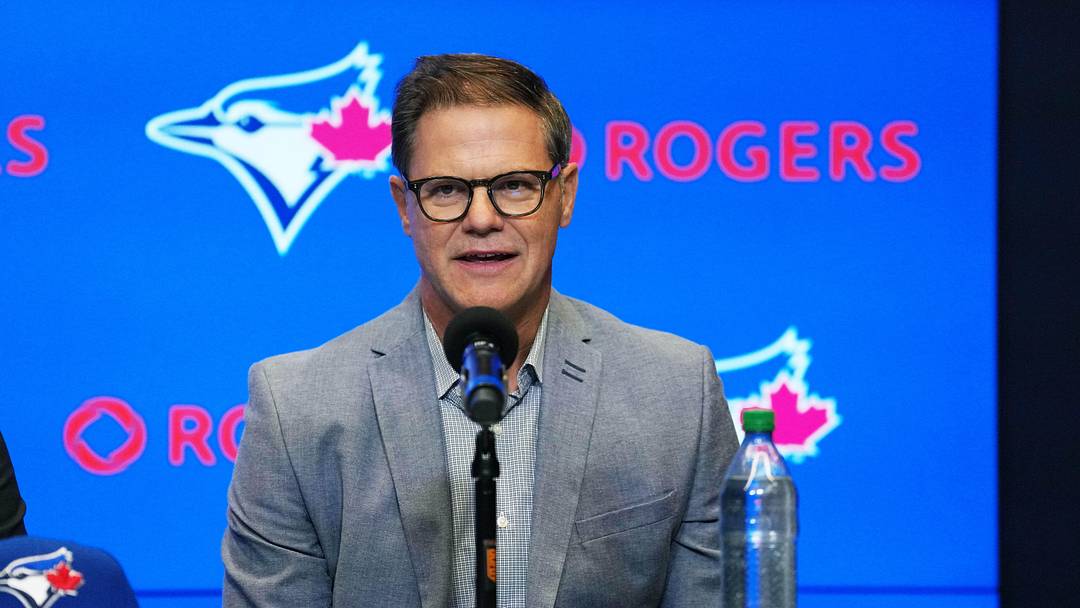 Jan 6, 2026; Toronto, Ontario, Canada; Toronto Blue Jays general manager Ross Atkins speaks to the media during the press conference room at Rogers Centre. Mandatory Credit: Nick Turchiaro-Imagn Images