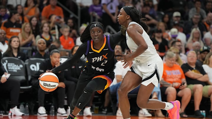 Aug 15, 2025; Phoenix, Arizona, USA; Phoenix Mercury guard Kahleah Copper (2) drives on Las Vegas Aces guard Jackie Young (0) in the second half at Footprint Center. Mandatory Credit: Rick Scuteri-Imagn Images Aug 15, 2025; Phoenix, Arizona, USA; Phoenix Mercury guard Kahleah Copper (2) drives on Las Vegas Aces guard Jackie Young (0) in the second half at Footprint Center. Mandatory Credit: Rick Scuteri-Imagn Images