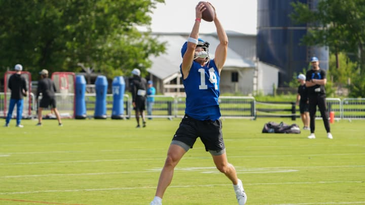 Indianapolis Colts wide receiver Alec Pierce (14) catches a ball during the Colts’ training camp on Friday, Aug. 9, 2024, at Grand Park Sports Complex in Westfield.