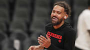 Apr 1, 2025; Atlanta, Georgia, USA; Atlanta Hawks guard Trae Young (11) on the court before the game against the Portland Trail Blazers at State Farm Arena. Mandatory Credit: Dale Zanine-Imagn Images