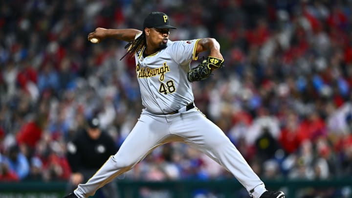 Apr 12, 2024; Philadelphia, Pennsylvania, USA; Pittsburgh Pirates relief pitcher Luis Ortiz (48) throws a pitch against the Philadelphia Phillies in the sixth inning at Citizens Bank Park. Mandatory Credit: Kyle Ross-USA TODAY Sports