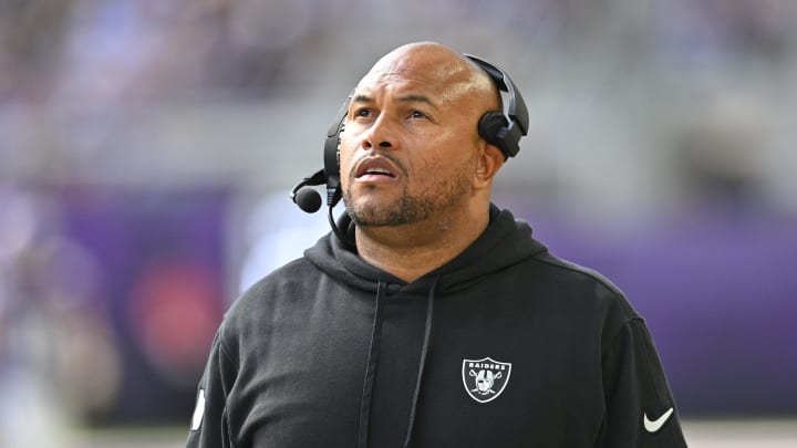 Aug 10, 2024; Minneapolis, Minnesota, USA; Las Vegas Raiders head coach Antonio Pierce looks on during the second quarter against the Minnesota Vikings at U.S. Bank Stadium. Mandatory Credit: Jeffrey Becker-USA TODAY Sports