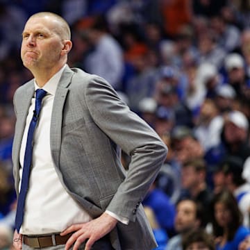 Mar 1, 2025; Lexington, Kentucky, USA; Kentucky Wildcats head coach Mark Pope looks on during the first half against the Auburn Tigers at Rupp Arena at Central Bank Center. Mandatory Credit: Jordan Prather-Imagn Images