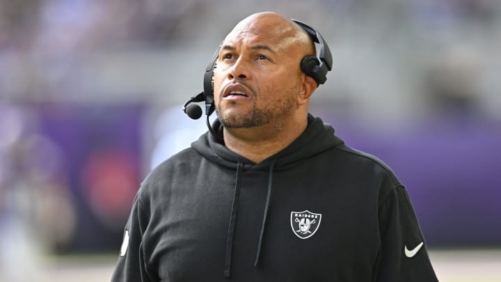 Aug 10, 2024; Minneapolis, Minnesota, USA; Las Vegas Raiders head coach Antonio Pierce looks on during the second quarter against the Minnesota Vikings at U.S. Bank Stadium. Mandatory Credit: Jeffrey Becker-USA TODAY Sports