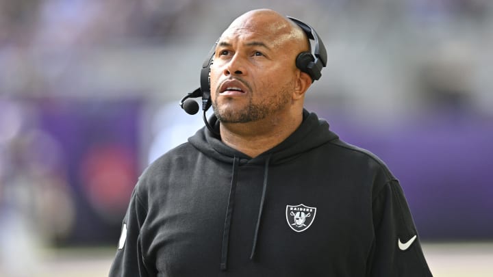 Aug 10, 2024; Minneapolis, Minnesota, USA; Las Vegas Raiders head coach Antonio Pierce looks on during the second quarter against the Minnesota Vikings at U.S. Bank Stadium. Mandatory Credit: Jeffrey Becker-USA TODAY Sports