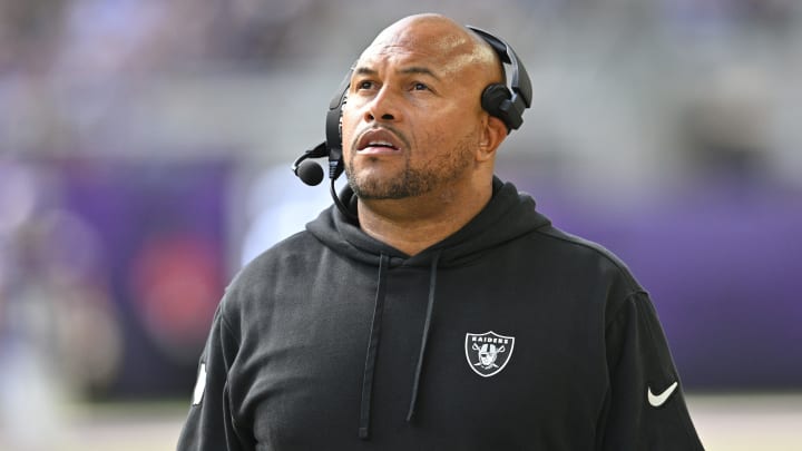 Aug 10, 2024; Minneapolis, Minnesota, USA; Las Vegas Raiders head coach Antonio Pierce looks on during the second quarter against the Minnesota Vikings at U.S. Bank Stadium. Mandatory Credit: Jeffrey Becker-USA TODAY Sports