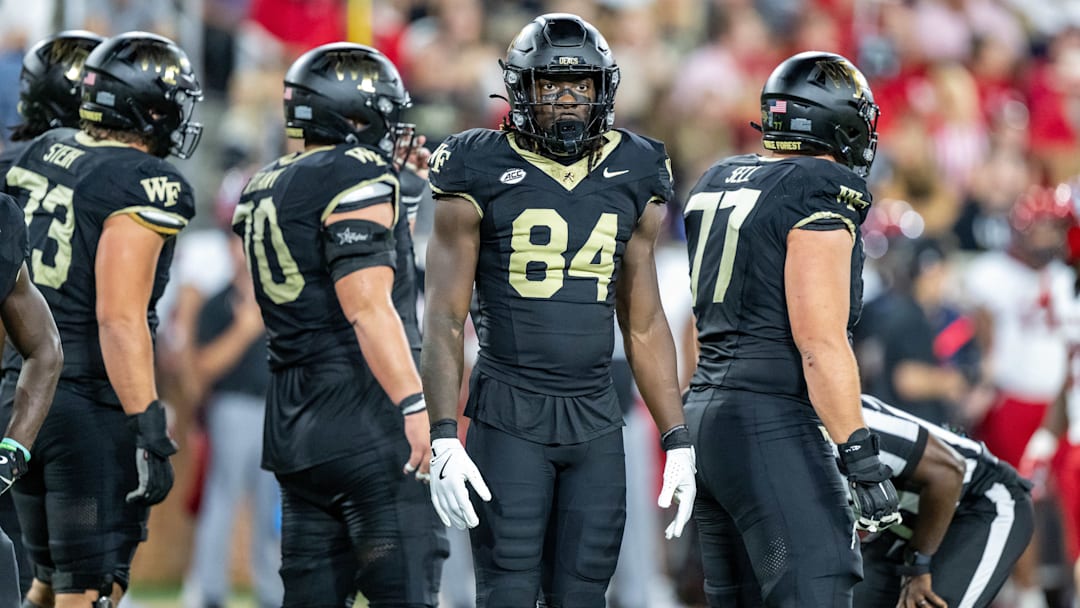 Sep 11, 2025; Winston-Salem, North Carolina, USA;  Wake Forest Demon Deacons tight end Eni Falayi (84) awaits a play call against North Carolina State Wolfpack in the second half at Allegacy Federal Credit Union Stadium. Mandatory Credit: Luke Jamroz-Imagn Images