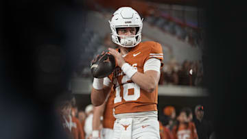 Texas Longhorns quarterback Arch Manning (16) warms up before a game against the Texas A&M Aggies, Nov. 28, 2025 at Darrell K Royal-Texas Memorial Stadium in Austin, Texas.