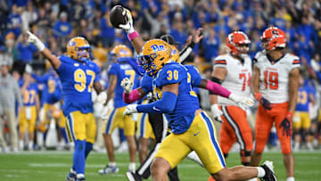 Oct 24, 2024; Pittsburgh, Pennsylvania, USA; Pittsburgh Panthers linebacker Brandon George (30) celebrates and interception against the Syracuse Orange during the first quarter  at Acrisure Stadium. Mandatory Credit: Barry Reeger-Imagn Images