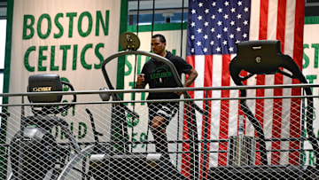 Sep 25, 2025; Boston, MA, USA;  Boston Celtics head coach Joe Mazzulla runs on a treadmill at the Auerbach Center. Mandatory Credit: Eric Canha-Imagn Images