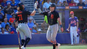 Mar 10, 2024; Port St. Lucie, Florida, USA;  Detroit Tigers second baseman Jace Jung (84) is congratulated by first baseman Ryan Vilade (71) for scoring a run in the eighth inning against the New York Mets at Clover Park. 