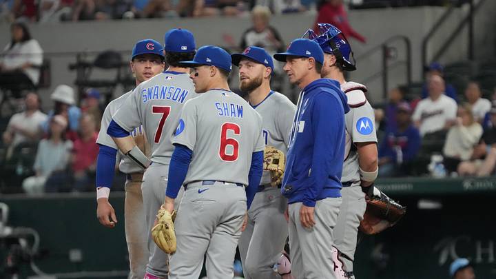 May 10, 2026; Arlington, Texas, USA;  Chicago Cubs manager Craig Counsell (11) stands on the mound with his players during a pitching change in the eighth inning against the Texas Rangers at Globe Life Field. Mandatory Credit: Raymond Carlin III-Imagn Images
