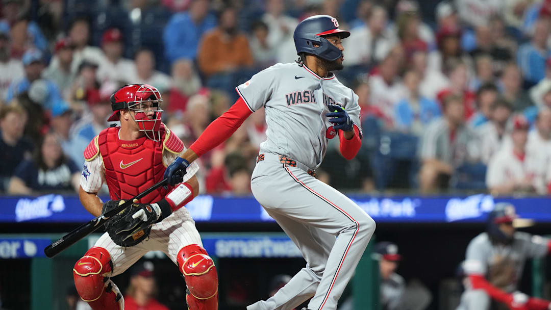 Mar 31, 2026; Philadelphia, Pennsylvania, USA; Washington Nationals outfielder James Wood (29) hits an RBI double against the Philadelphia Phillies in the seventh inning at Citizens Bank Park. Mandatory Credit: Kyle Ross-Imagn Images