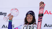Mar 25, 2025; Sun Valley, ID, USA; Giant slalom overall points winner Federica Brignone of Italy celebrates with the crystal globe after the women's giant slalom alpine skiing race in the 2025 FIS Ski World Cup at Sun Valley. Mandatory Credit: Michael Madrid-Imagn Images