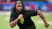 Feb 27, 2025; Indianapolis, IN, USA; South Carolina defensive lineman TJ Sanders (DL31) participates in drills during the 2025 NFL Combine at Lucas Oil Stadium. Mandatory Credit: Kirby Lee-Imagn Images