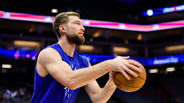 Feb 21, 2025; Sacramento, California, USA; Sacramento Kings forward Domantas Sabonis (11) warms up before the game against the  Golden State Warriors at Golden 1 Center. Mandatory Credit: Sergio Estrada-Imagn Images