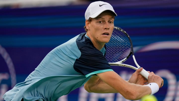 Jannik Sinner chases a shot in the second set of the men’s championship match of the Cincinnati Open at the Lindner Family Tennis Center in Mason, Ohio, on Monday, Aug. 19, 2024. Jannik Sinner defeated Frances Tiafoe, 7-6, 6-2, in the championship match.