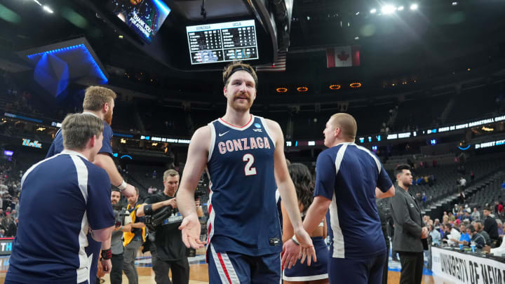 Mar 23, 2023; Las Vegas, NV, USA; Gonzaga Bulldogs forward Drew Timme (2) celebrates after their win against the UCLA Bruins at T-Mobile Arena. Mandatory Credit: Joe Camporeale-USA TODAY Sports