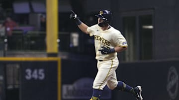 Jul 29, 2025; Milwaukee, Wisconsin, USA; Milwaukee Brewers first baseman Andrew Vaughn (28) rounds the bases after hitting a home run against the Chicago Cubs in the sixth inning at American Family Field. Mandatory Credit: Michael McLoone-Imagn Images