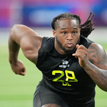 Feb 27, 2025; Indianapolis, IN, USA; Maryland defensive lineman Jordan Phillips (DL28) participates in drills during the 2025 NFL Combine at Lucas Oil Stadium. Mandatory Credit: Kirby Lee-Imagn Images
