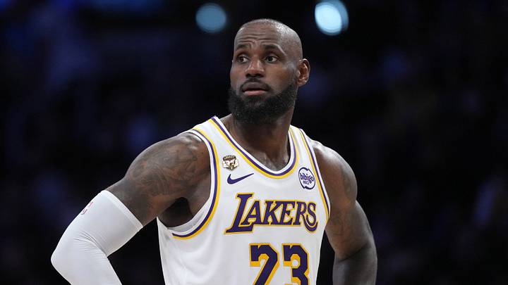 Los Angeles, California; Los Angeles Lakers forward LeBron James (23) reacts in the first half against the Utah Jazz at Crypto.com Arena on April 12, 2026.