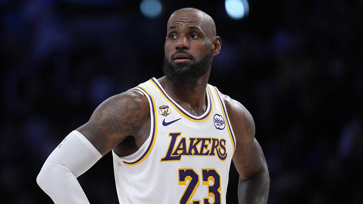 Apr 12, 2026; Los Angeles, California; Los Angeles Lakers forward LeBron James (23) reacts in the first half against the Utah Jazz at Crypto.com Arena. Mandatory Credit: Kirby Lee-Imagn Images
