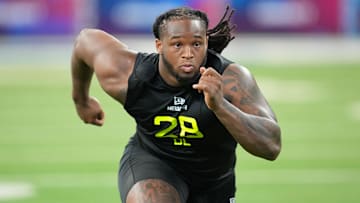 Maryland defensive lineman Jordan Phillips (DL28) participates in drills during the 2025 NFL Combine at Lucas Oil Stadium.