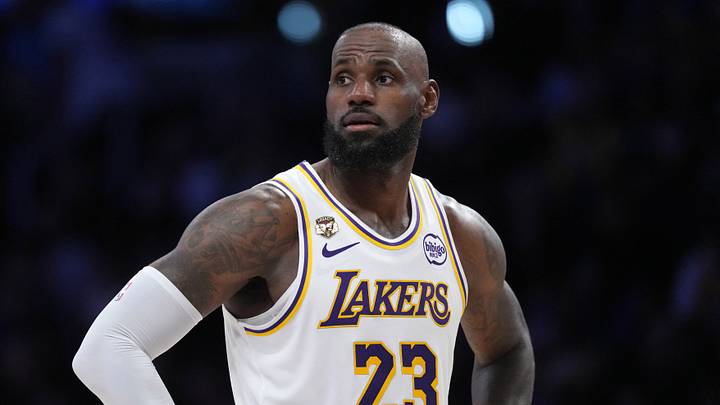 Apr 12, 2026; Los Angeles, California; Los Angeles Lakers forward LeBron James (23) reacts in the first half against the Utah Jazz at Crypto.com Arena. Mandatory Credit: Kirby Lee-Imagn Images