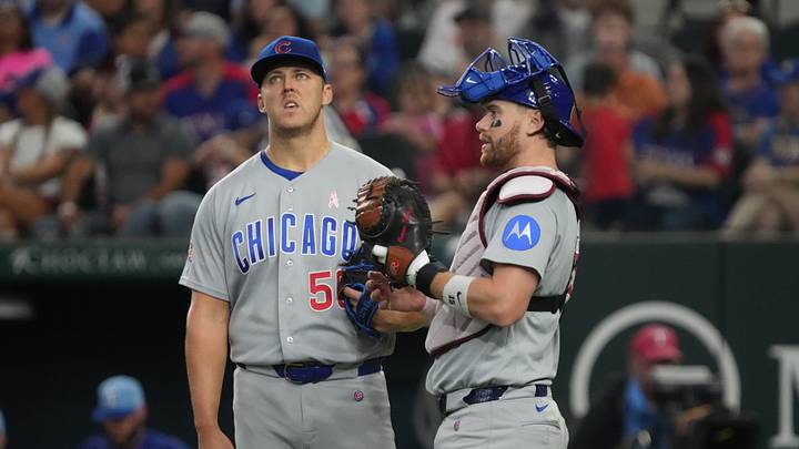 May 10, 2026; Arlington, Texas, USA;  Chicago Cubs pitcher Jameson Taillon (50) and catcher Carson Kelly (15) wait for a replay review during the fourth inning against the Texas Rangers at Globe Life Field. Mandatory Credit: Raymond Carlin III-Imagn Images