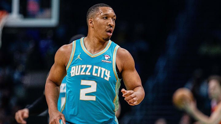 Apr 7, 2024; Charlotte, North Carolina, USA; Charlotte Hornets forward Grant Williams (2) runs back against the Oklahoma City Thunder at Spectrum Center. Mandatory Credit: Scott Kinser-USA TODAY Sports