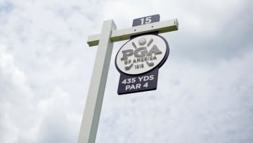 May 13, 2024; Louisville, Kentucky, USA; A general view of the sign for the 15th hole during a