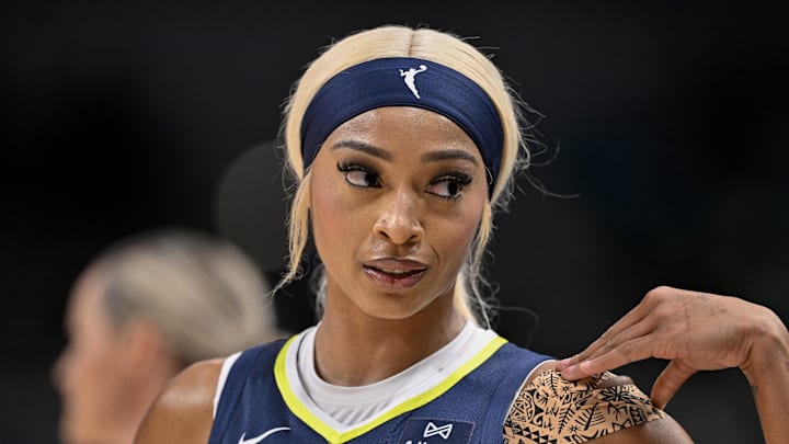 Aug 1, 2025; Dallas, Texas, USA; Dallas Wings guard DiJonai Carrington (21) during the game between the Dallas Wings and the Indiana Fever at the American Airlines Center. Mandatory Credit: Jerome Miron-Imagn Images