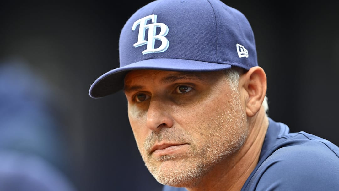 May 3, 2026; St. Petersburg, Florida, USA; Tampa Bay Rays manager Kevin Cash (16) looks on the field during the first inning against San Francisco Giants at Tropicana Field. 