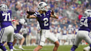 Kansas State quarterback Avery Johnson (2) throws a pass against Rutgers during the second half of the Rate Bowl at Chase Field on Dec. 26, 2024, in Phoenix.