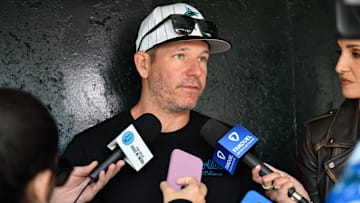 Jun 26, 2025; San Francisco, California, USA; Miami Marlins manager Clayton McCullough speaks to media before their game against the San Francisco Giants at Oracle Park. Mandatory Credit: Eakin Howard-Imagn Images