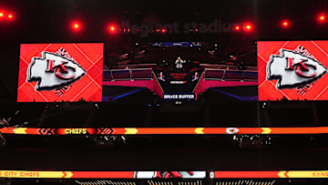 Feb 5, 2024; Las Vegas, NV, USA; Kansas City Chiefs logos on display during Super Bowl LVIII Opening Night at Allegiant Stadium. Mandatory Credit: Kirby Lee-Imagn Images