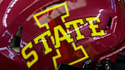 Jul 14, 2022; Arlington, TX, USA; A view of the Iowa State Cyclones helmet logo during the Big 12 Media Day at AT&T Stadium. 