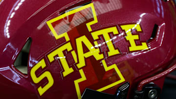 Jul 14, 2022; Arlington, TX, USA; A view of the Iowa State Cyclones helmet logo during the Big 12 Media Day at AT&T Stadium. 