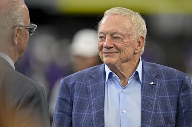 Dallas Cowboys owner Jerry Jones (left) looks on before the game against the Baltimore Ravens at AT&T Stadium. 