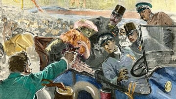 An illustration of the assassination of Franz Ferdinand (1863-1914), Archduke of Austria, and his wife Sophie, in Sarajevo, Bosnia, on June 28, 1914.