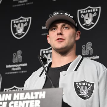 Apr 26, 2024; Henderson, NV, USA; Las Vegas Raiders tight end Brock Bowers speaks to the media at Intermountain Health Performance Center in Henderson, NV.  Mandatory Credit: Candice Ward-USA TODAY Sports