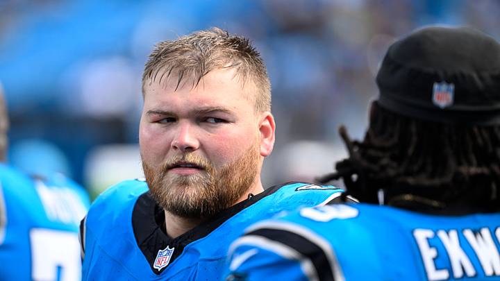 Sep 21, 2025; Charlotte, North Carolina, USA;  Carolina Panthers center Cade Mays (64) with offensive tackle Ikem Ekwonu (79) on the sidelines in the fourth quarter at Bank of America Stadium. Mandatory Credit: Bob Donnan-Imagn Images