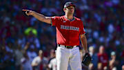 Sep 30, 2025; Cleveland, Ohio, USA; Cleveland Guardians pitcher Gavin Williams (32) waits for a call on a check swing Detroit Tigers first base Spencer Torkelson (not pictured) in the sixth inning during game one of the Wildcard round for the 2025 MLB playoffs at Progressive Field. Mandatory Credit: David Dermer-Imagn Images