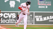Sep 1, 2025; Boston, Massachusetts, USA; Boston Red Sox right fielder Roman Anthony (19) scores a run on a ball by Cleveland Guardians starting pitcher Parker Messick (77) (not pictured) during the first inning at Fenway Park. Mandatory Credit: Eric Canha-Imagn Images