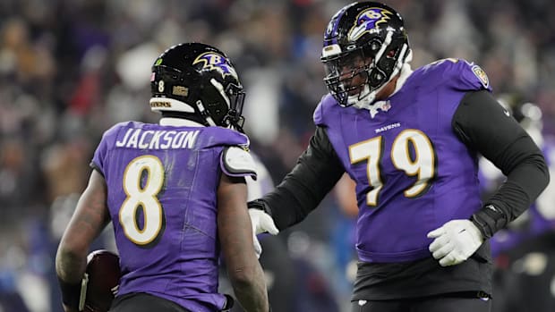 Baltimore Ravens offensive tackle Ronnie Stanley celebrates with quarterback Lamar Jackson Baltimore Ravens offensive tackle Ronnie Stanley celebrates with quarterback Lamar Jackson