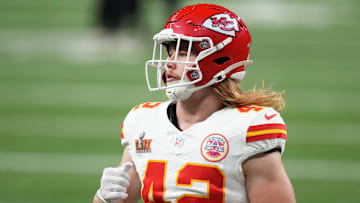 Feb 9, 2025; New Orleans, LA, USA; Kansas City Chiefs running back Carson Steele (42) practices before Super Bowl LIX against the Philadelphia Eagles at Caesars Superdome. Mandatory Credit: Kirby Lee-Imagn Images