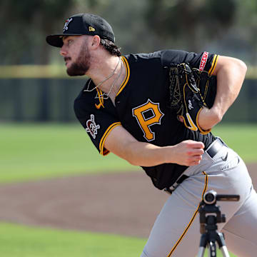 Feb 12, 2025; Bradenton, FL, USA;  Pittsburgh Pirates pitcher Paul Skenes (30) during spring training workouts at Pirate City. Mandatory Credit: Kim Klement Neitzel-Imagn Images
