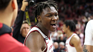 Jan 22, 2025; Fayetteville, Arkansas, USA; Arkansas Razorbacks forward Adou Thiero (3) celebrates after the game against the Georgia Bulldogs at Bud Walton Arena. Arkansas won 68-65. Mandatory Credit: Nelson Chenault-Imagn Images