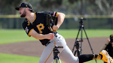 Feb 12, 2025; Bradenton, FL, USA;  Pittsburgh Pirates pitcher Paul Skenes (30) during spring training workouts at Pirate City. Mandatory Credit: Kim Klement Neitzel-Imagn Images